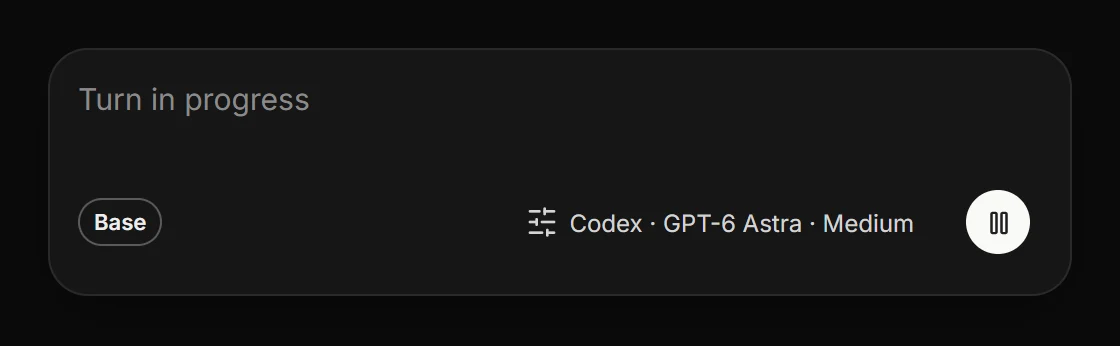 The composer mid-turn on Codex · GPT-6 Astra, with the pause button